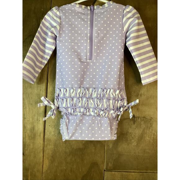 Rufflebutts Lavender Heart Polka Dot L/S 1Piece Rash Guard Bathing Suit 6-12m - Picture 5 of 5